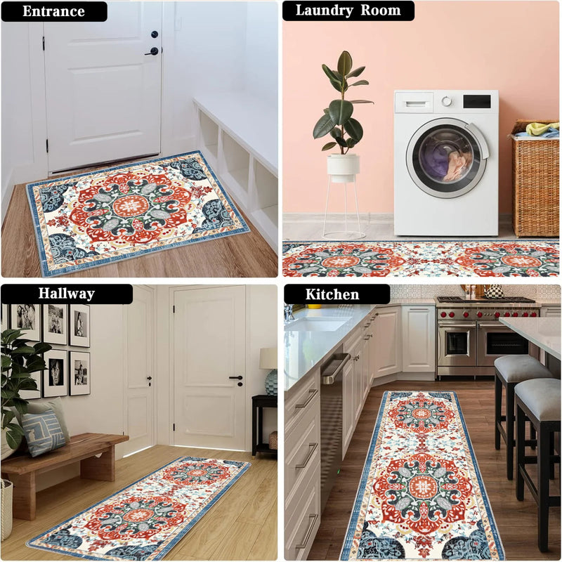 Bohemian Kitchen Rug Set - 3 Piece Non-Slip Washable Runner Rugs for Kitchen, Hallway, Laundry Room, Office & Entryway