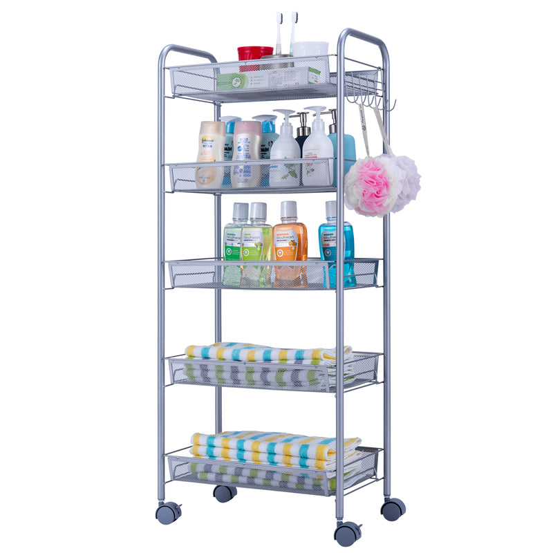 Honeycomb Mesh 5-Layer Rolling Storage Cart - Removable & Durable (Silver)