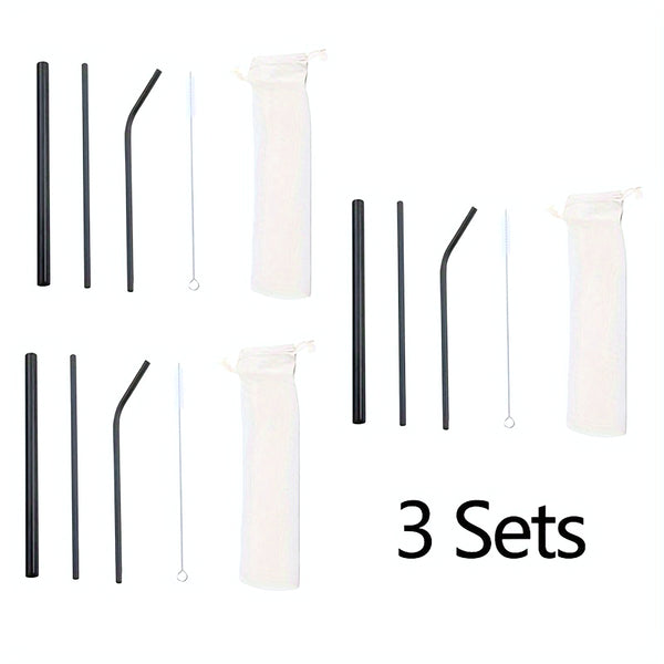 Reusable Black Straw Set - 9pcs | Bent & Straight Straws with Cleaning Brush & Storage Bag | Eco-Friendly Metal Straws for Parties, Restaurants, Home