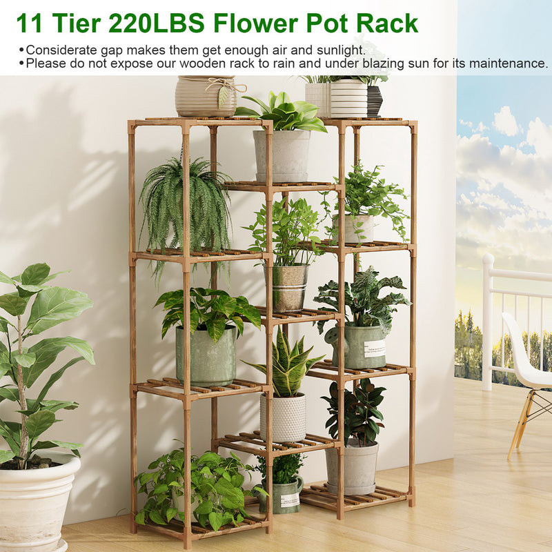 Multi-Tier Wooden Plant Stand - 11 Potted Flower Shelf Rack for Indoor & Outdoor Use