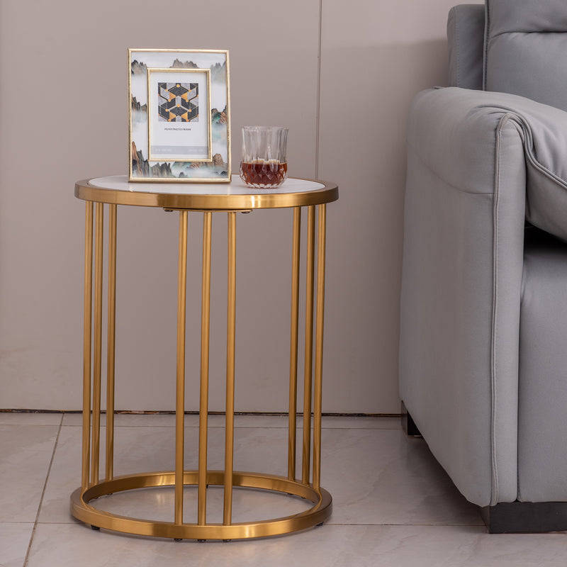 Modern Slate/Sintered Stone Round Side Table with Gold Stainless Steel Frame