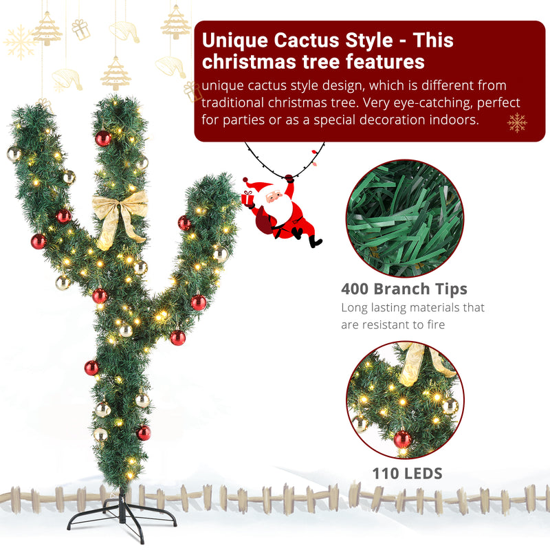 5ft PVC Christmas Tree - Cactus Shape with 400 Branches, Warm LED Lights, 8 Modes, Green