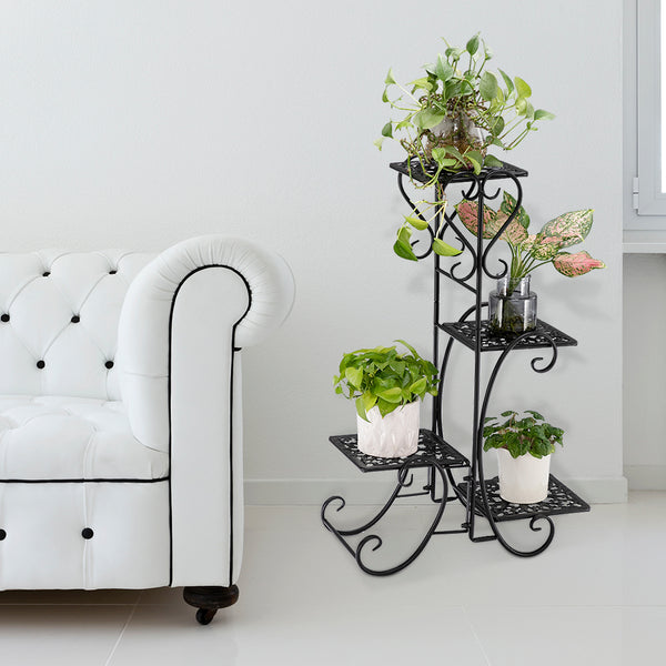 "Black Metal Plant Stand - 32.3 Inches High, 4 Square Shelves for Indoor & Outdoor Potted Plants"