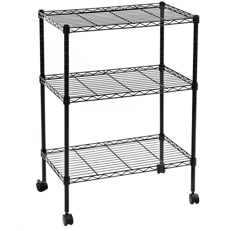 3-Layer Black Metal Utility Shelf with Wheels – Durable Storage Rack (350x600x850 mm)