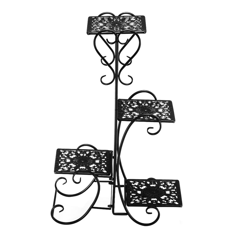 "Black Metal Plant Stand - 32.3 Inches High, 4 Square Shelves for Indoor & Outdoor Potted Plants"