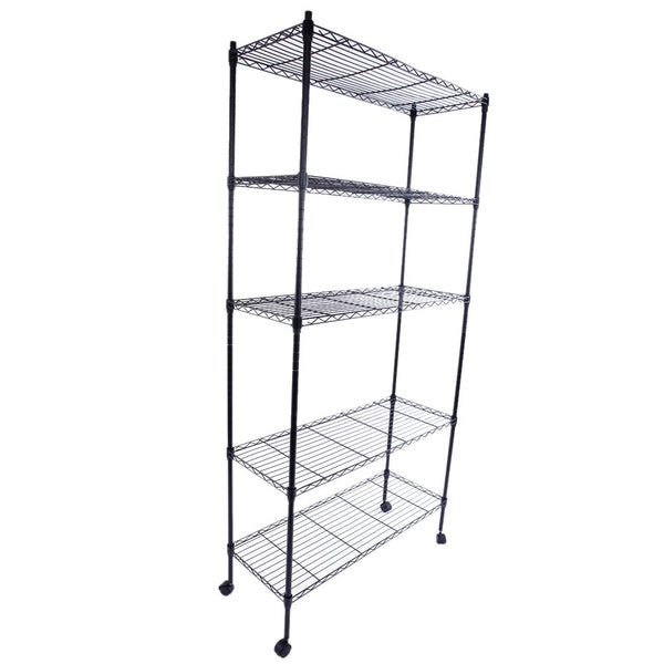 5-Layer Plastic Coated Iron Shelf with 1.5" Nylon Wheels, Dimensions: 165x90x35cm, Color: Black