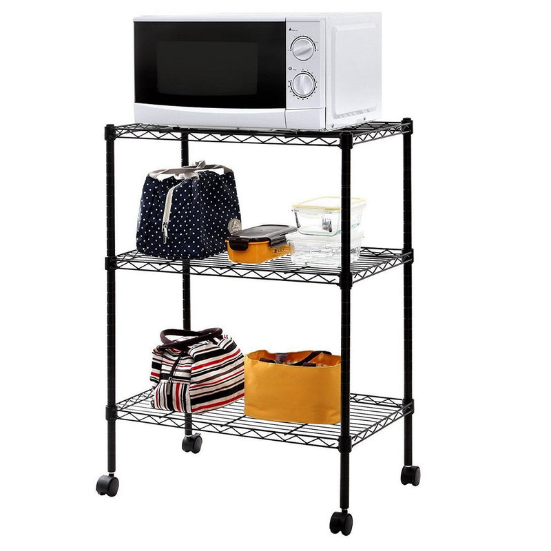 3-Layer Black Metal Utility Shelf with Wheels – Durable Storage Rack (350x600x850 mm)