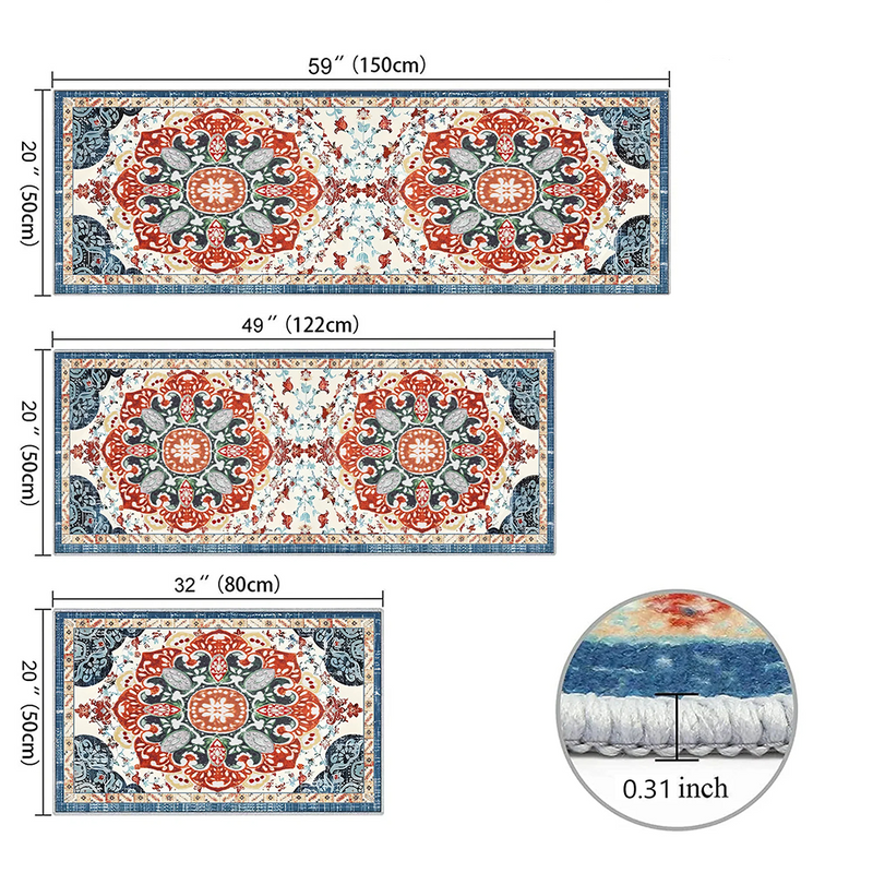 Bohemian Kitchen Rug Set - 3 Piece Non-Slip Washable Runner Rugs for Kitchen, Hallway, Laundry Room, Office & Entryway