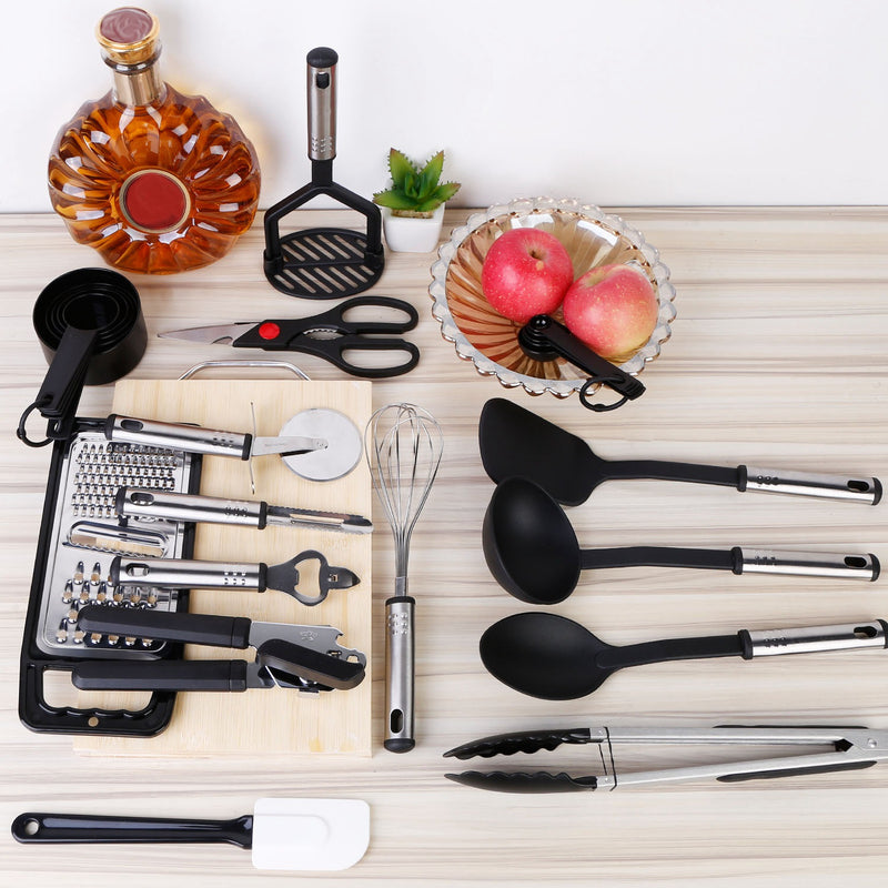 23-Piece Kitchen Utensil Set - Stainless Steel & Heat-Resistant Nylon Cooking Tools with Grater, Whisk, Spatula, Peeler, Bottle Opener & More