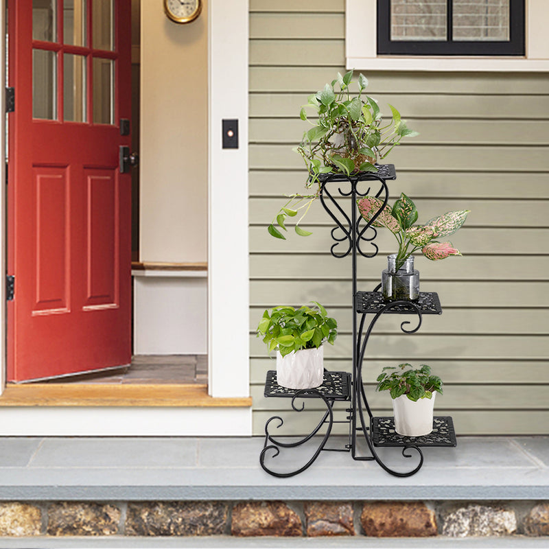 "Black Metal Plant Stand - 32.3 Inches High, 4 Square Shelves for Indoor & Outdoor Potted Plants"