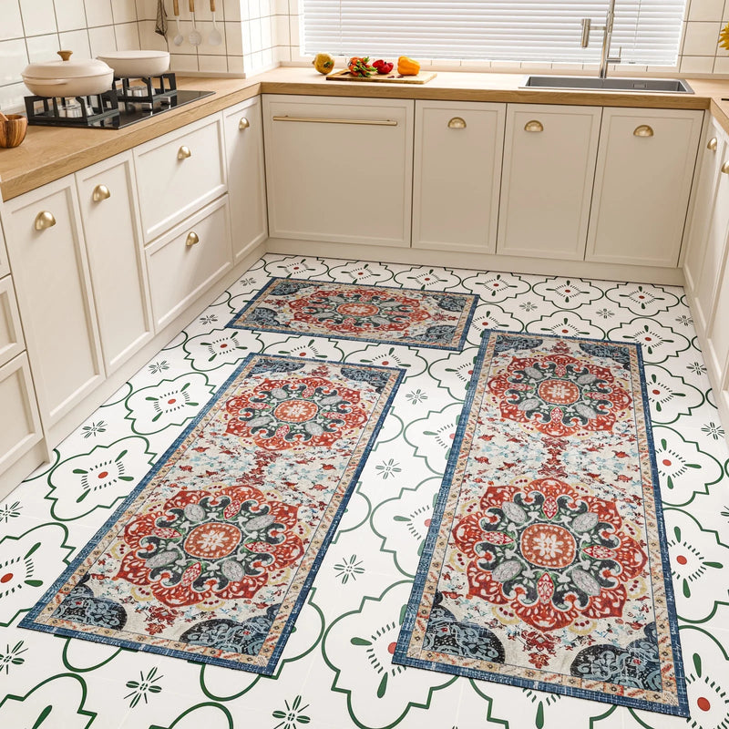 Bohemian Kitchen Rug Set - 3 Piece Non-Slip Washable Runner Rugs for Kitchen, Hallway, Laundry Room, Office & Entryway