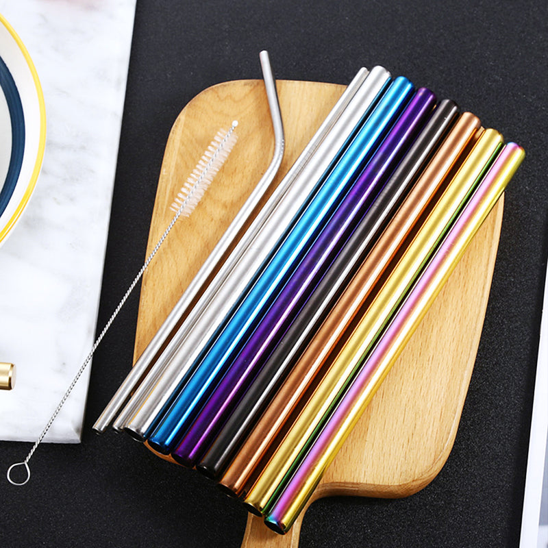 Reusable Black Straw Set - 9pcs | Bent & Straight Straws with Cleaning Brush & Storage Bag | Eco-Friendly Metal Straws for Parties, Restaurants, Home