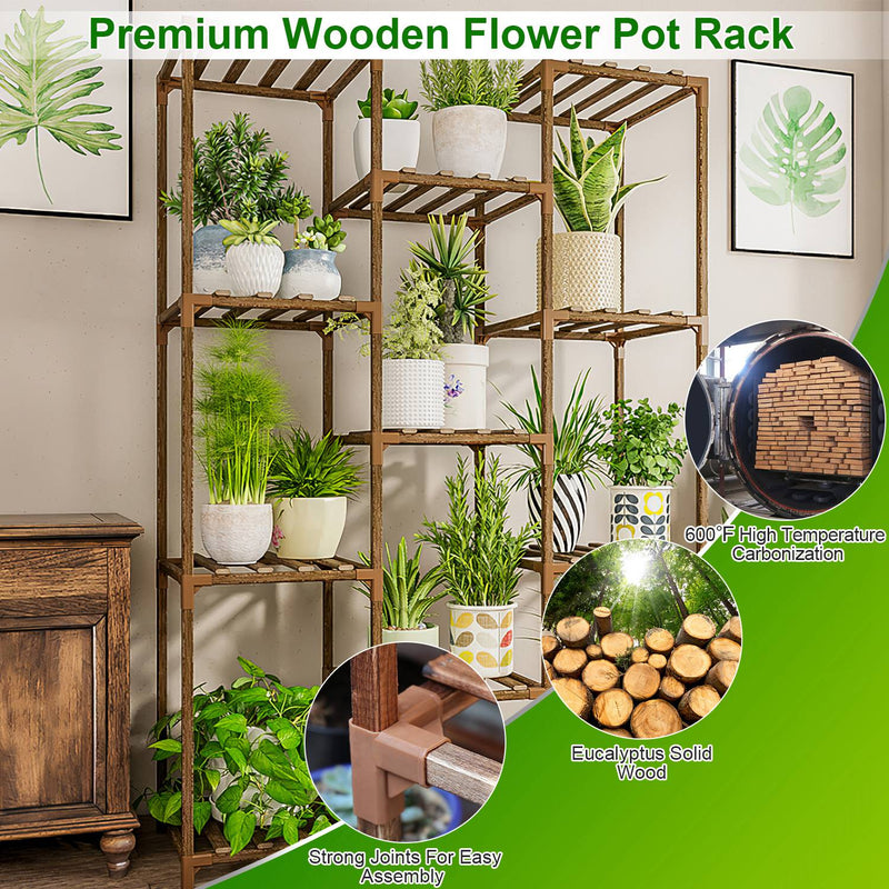 Multi-Tier Wooden Plant Stand - 11 Potted Flower Shelf Rack for Indoor & Outdoor Use