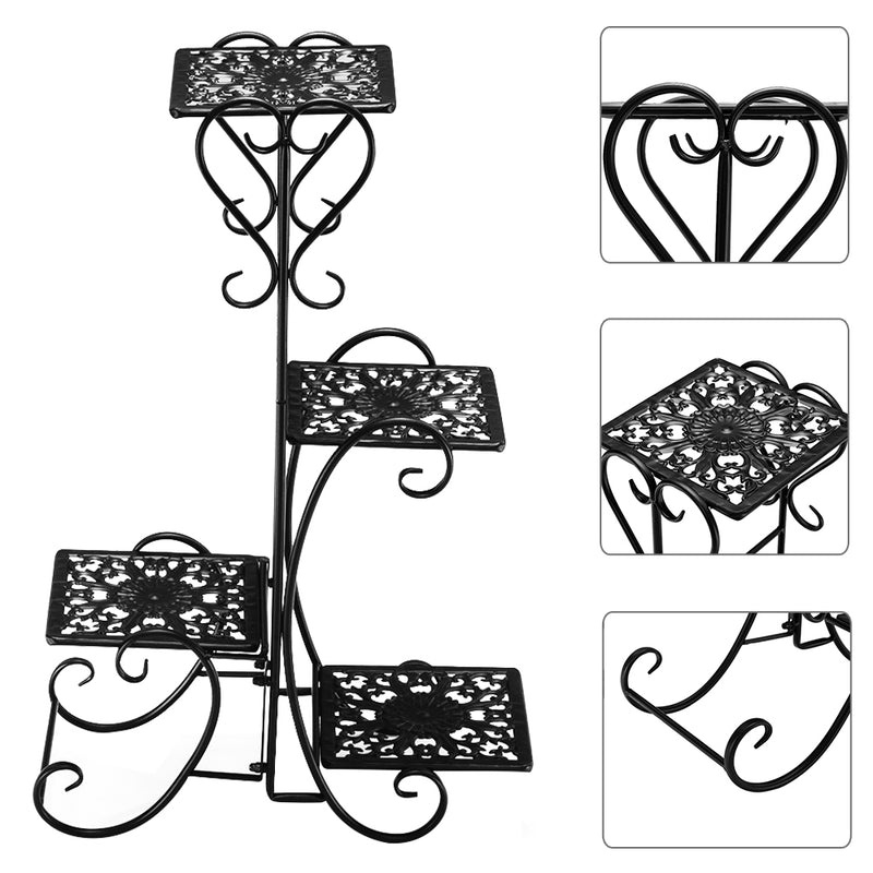 "Black Metal Plant Stand - 32.3 Inches High, 4 Square Shelves for Indoor & Outdoor Potted Plants"