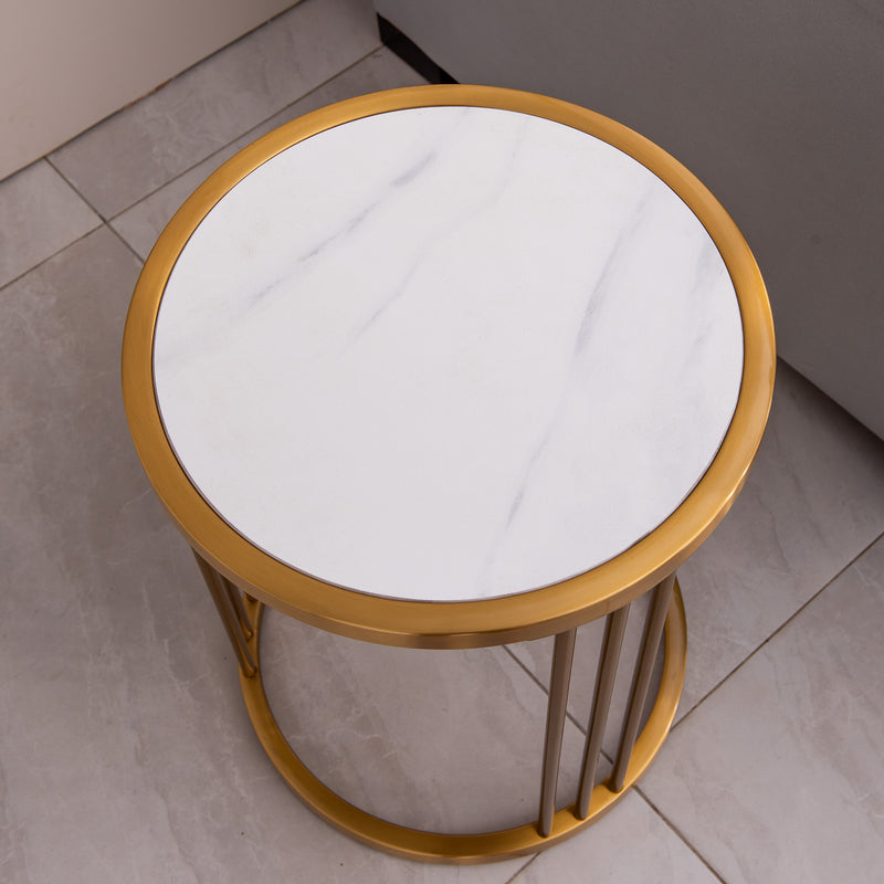 Modern Slate/Sintered Stone Round Side Table with Gold Stainless Steel Frame