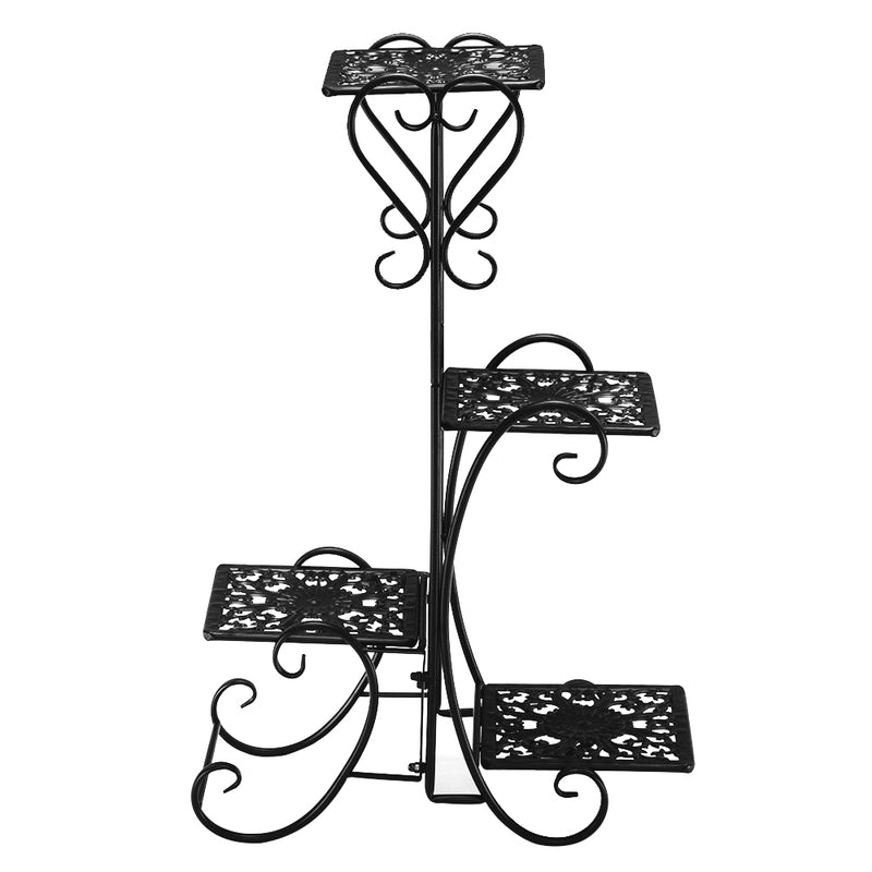 "Black Metal Plant Stand - 32.3 Inches High, 4 Square Shelves for Indoor & Outdoor Potted Plants"