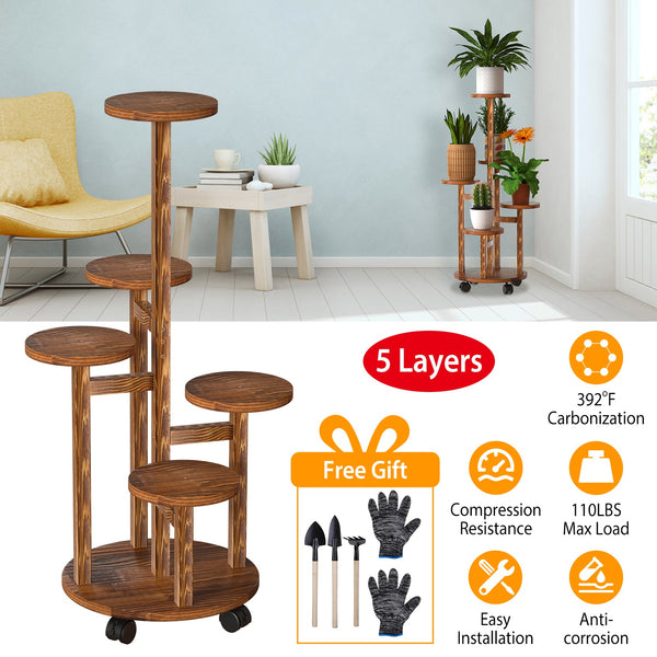 "5-Tier Wooden Plant Stand with Wheels – Indoor & Outdoor Plant Display Shelf for Home Garden Décor"