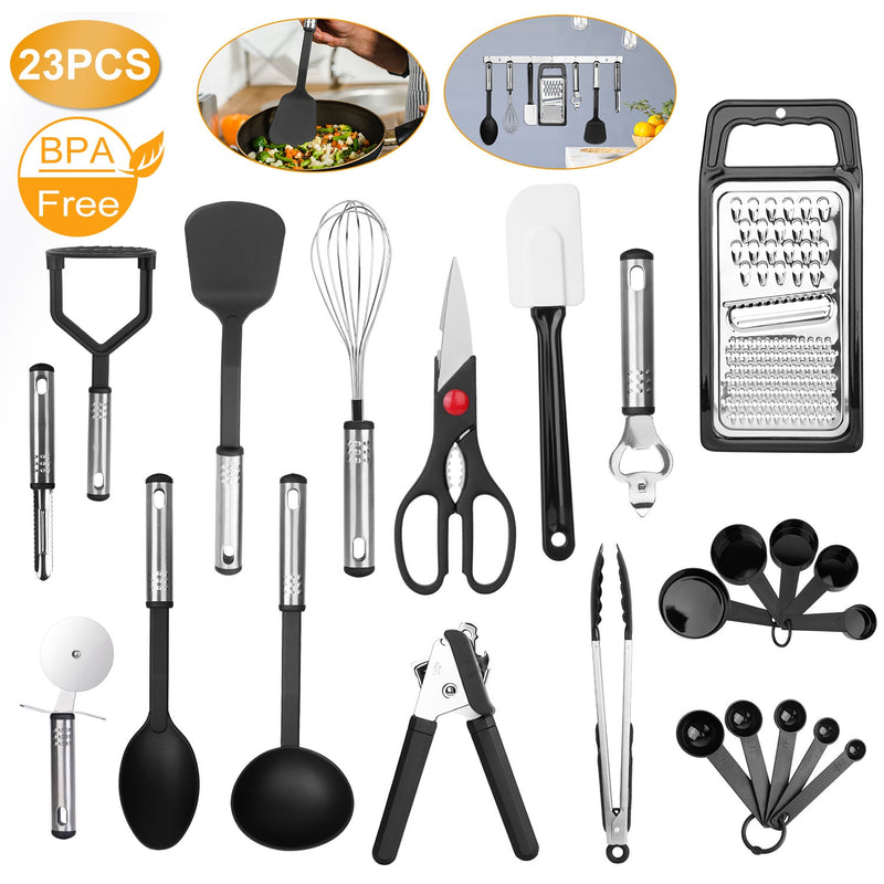 23-Piece Kitchen Utensil Set - Stainless Steel & Heat-Resistant Nylon Cooking Tools with Grater, Whisk, Spatula, Peeler, Bottle Opener & More