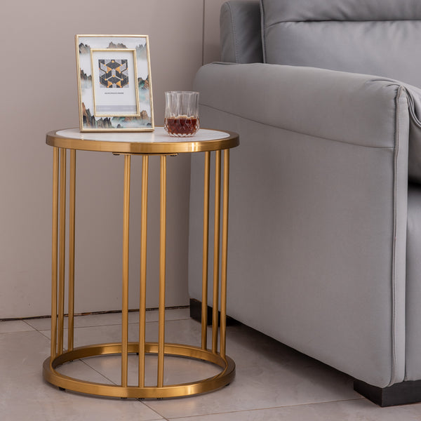 Modern Slate/Sintered Stone Round Side Table with Gold Stainless Steel Frame