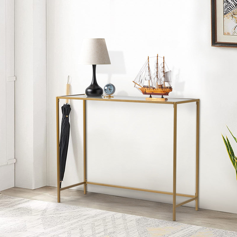 39.4" Gold Console Sofa Table – Modern Entryway Table with Tempered Glass Top & Metal Frame for Living Room, Hallway, and More