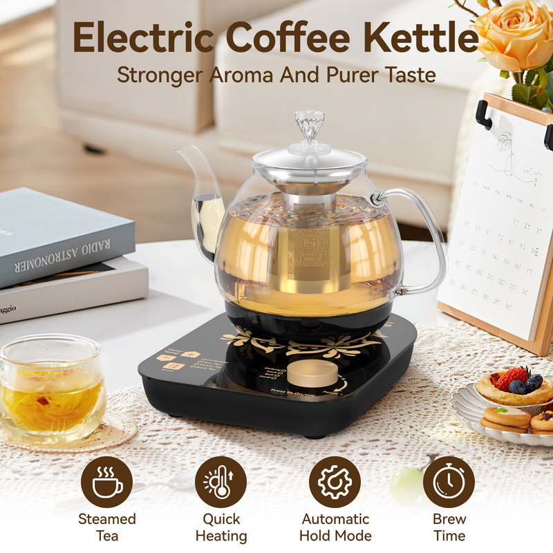 Electric Glass Tea Maker & Kettle - 0.8L, 800W | Smart Temperature Control & Timer | Dual Steep & Brew Modes | Cordless & Compact Design