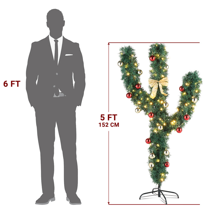 5ft PVC Christmas Tree - Cactus Shape with 400 Branches, Warm LED Lights, 8 Modes, Green