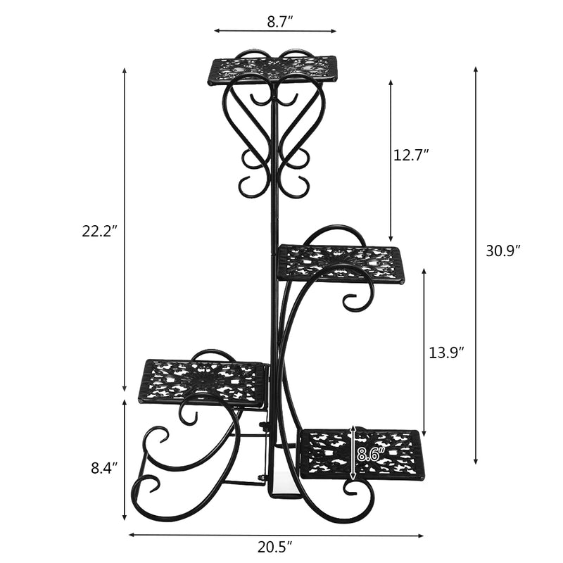 "Black Metal Plant Stand - 32.3 Inches High, 4 Square Shelves for Indoor & Outdoor Potted Plants"