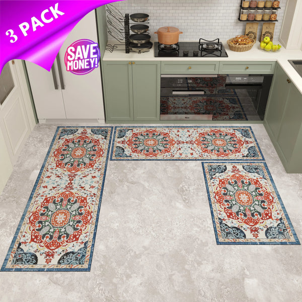 Bohemian Kitchen Rug Set - 3 Piece Non-Slip Washable Runner Rugs for Kitchen, Hallway, Laundry Room, Office & Entryway