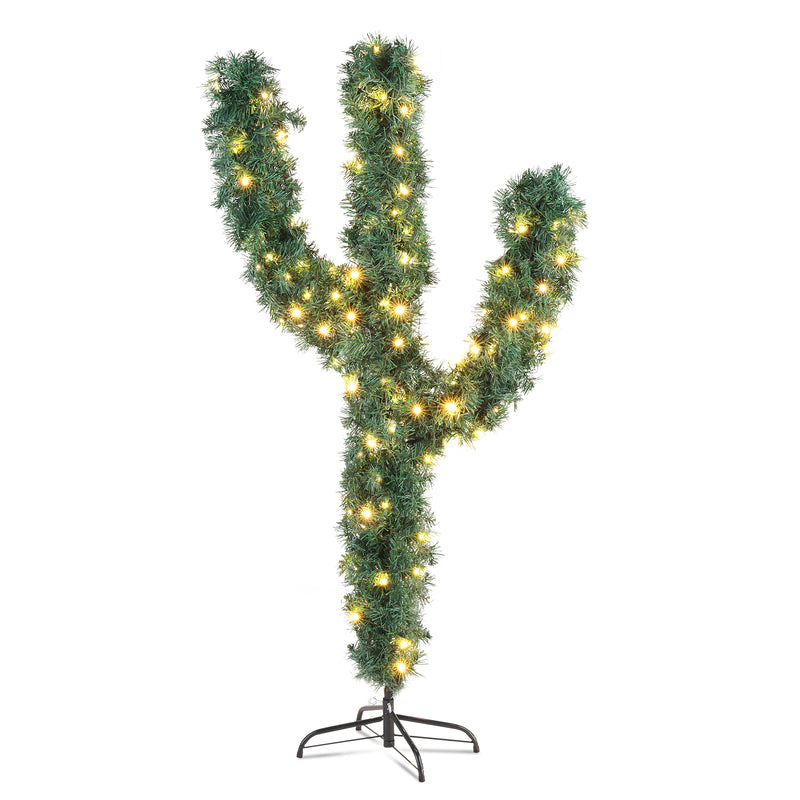 5ft PVC Christmas Tree - Cactus Shape with 400 Branches, Warm LED Lights, 8 Modes, Green